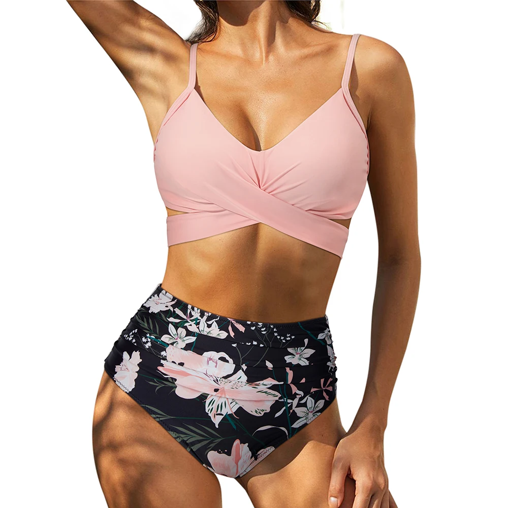 High Waist Sexy Bikini Set 2024 Biquini Swimwear Women Two Pieces Swimsuit Floral Beachwear V-Neck Bathing Suits Female
