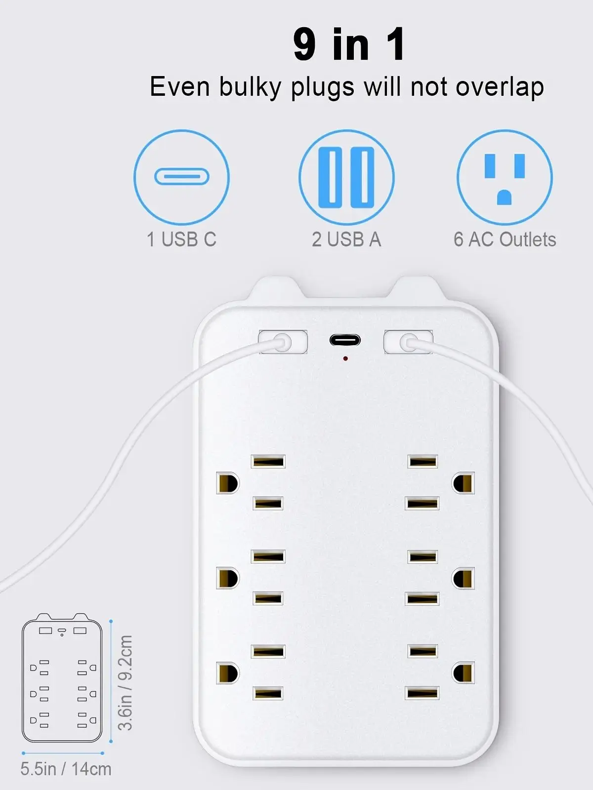 USB Wall Charger, Surge Protector, 6 Outlet Extender with 3 USB Ports(1 USB C)