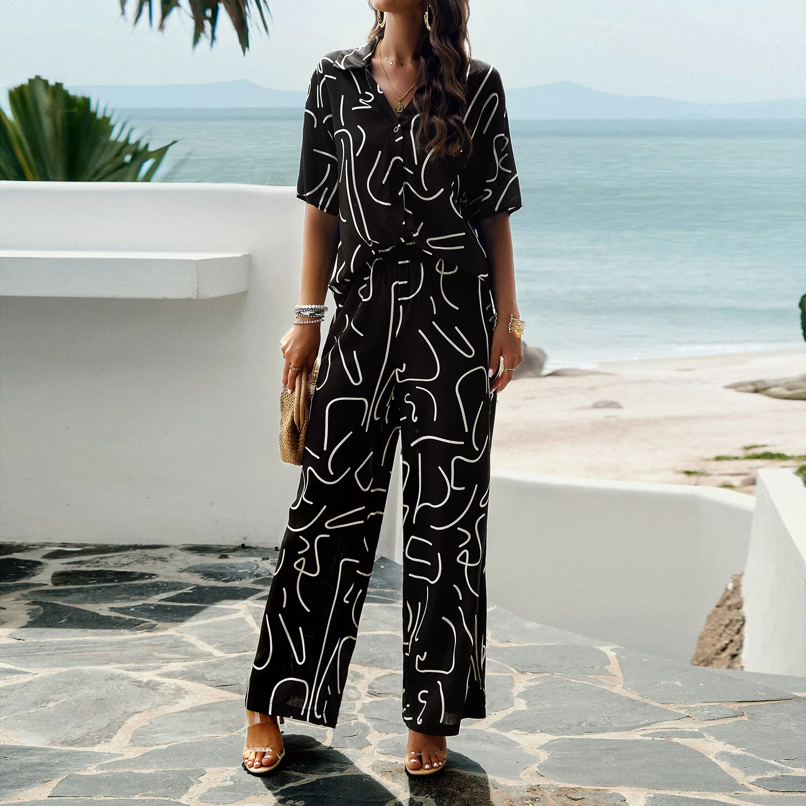 Women's 2-Piece Summer Outfit – Printed Short-Sleeve Shirt & Elastic Waist Pants Set – view 3