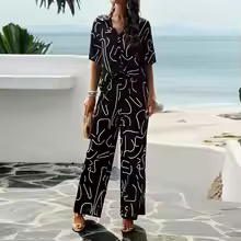 Women's 2-Piece Summer Outfit – Printed Short-Sleeve Shirt & Elastic Waist Pants Set - Image 3