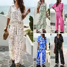 Women's 2-Piece Summer Outfit – Printed Short-Sleeve Shirt & Elastic Waist Pants Set