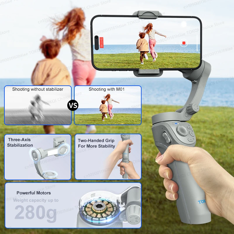 TOKQI M01 3-Axis Handheld Gimbal – Foldable Phone Stabilizer with Selfie Tripod
