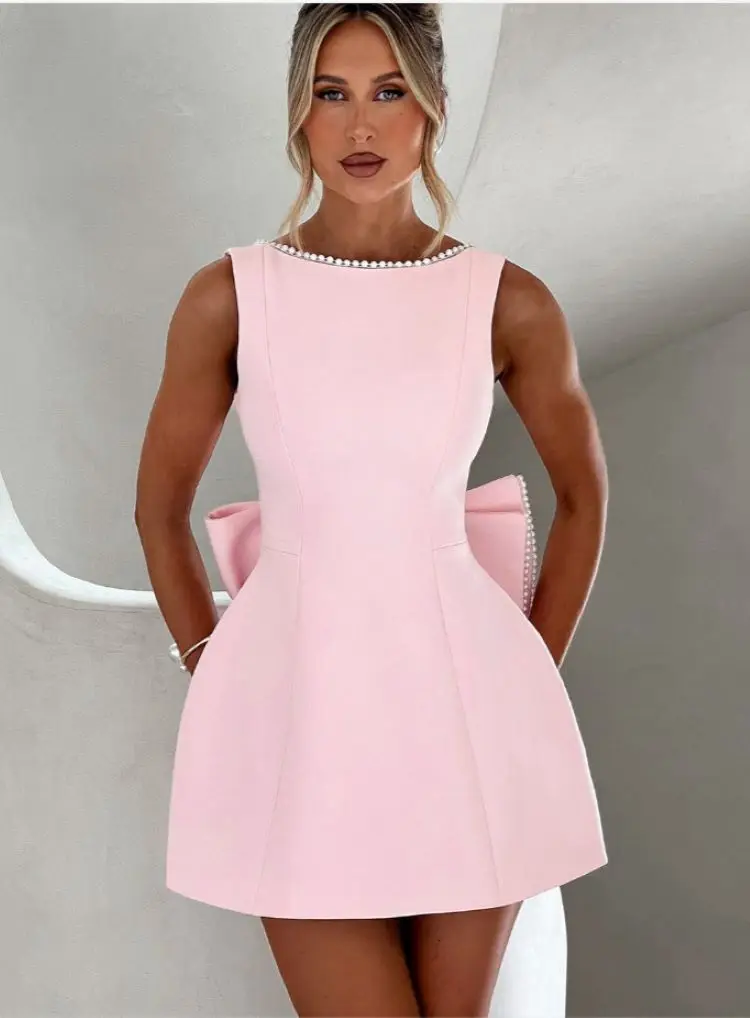 Elegant Pearl Bow Backless Mini Dress