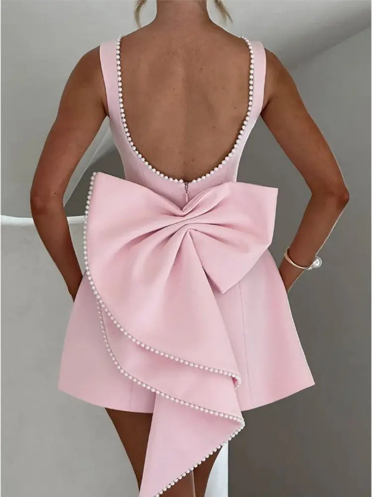 Elegant Pearl Bow Backless Mini Dress