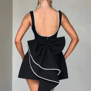 Elegant Pearl Bow Backless Mini Dress