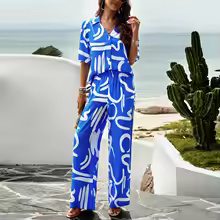 Women's 2-Piece Summer Outfit – Printed Short-Sleeve Shirt & Elastic Waist Pants Set - Image 2