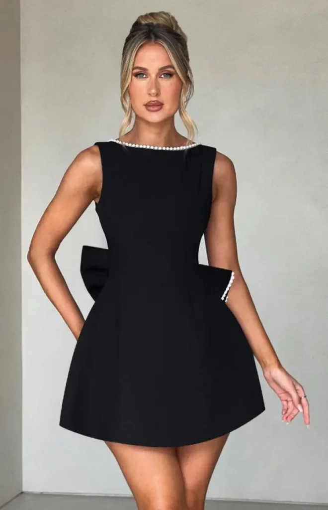 Elegant Pearl Bow Backless Mini Dress