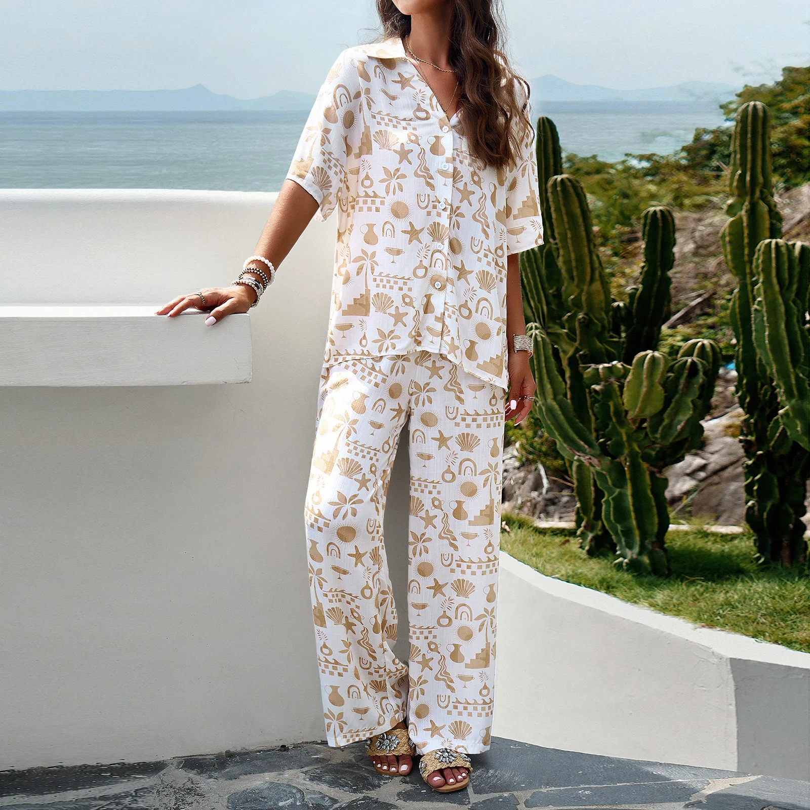 Women's 2-Piece Summer Outfit – Printed Short-Sleeve Shirt & Elastic Waist Pants Set – view 4