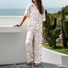 Women's 2-Piece Summer Outfit – Printed Short-Sleeve Shirt & Elastic Waist Pants Set - Image 4