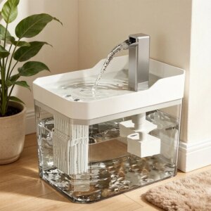 White cat water fountain with clear tank in a living room